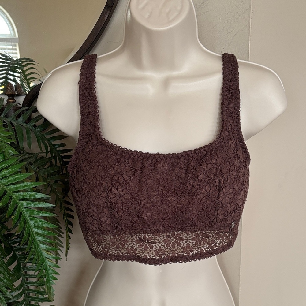 Lucky Brand Chocolate Brown Floral Lace Bralette Formed Bra Cups Pull On Stretch